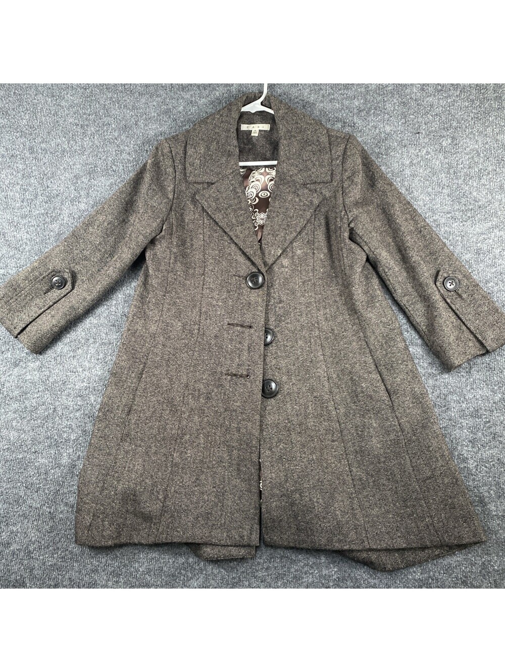 CAbi Women's Sz 4 Sweater Trench Coat Grey Button Floral Lined Stretch AD
